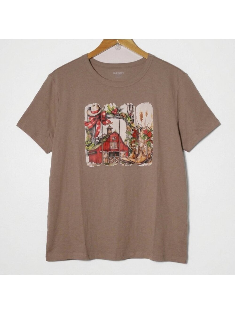 Old Navy Custom Christmas Tee Country Barn Cowboy Boots Farmhouse Tan XXL